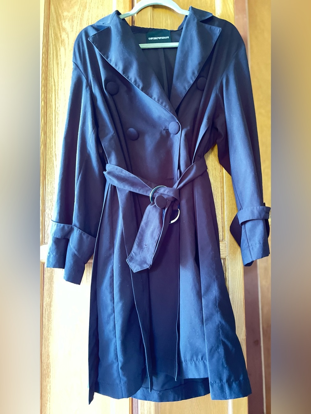 Emporio Armani Black Double-Breasted Trench Coat with Belt